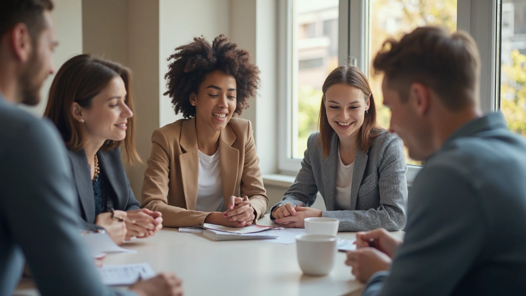 Groep internationale professionals oefent Nederlands samen in moderne kantooromgeving met kopjes koffie op tafel