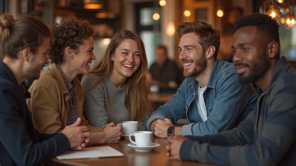 Diverse groep jongvolwassenen in trendy koffiebar, lachend en pratend in Nederlands