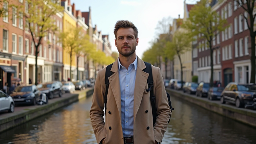 Nederlandse klassieke gebouwen en gracht in Amsterdam, zonnig weer, voetgangers wandelen voorbij traditionele architectuur