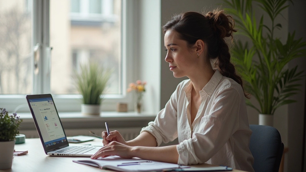 Expat vrouw uit Europa zit thuis met laptop en Nederlands leerapp op scherm, notities naast zich