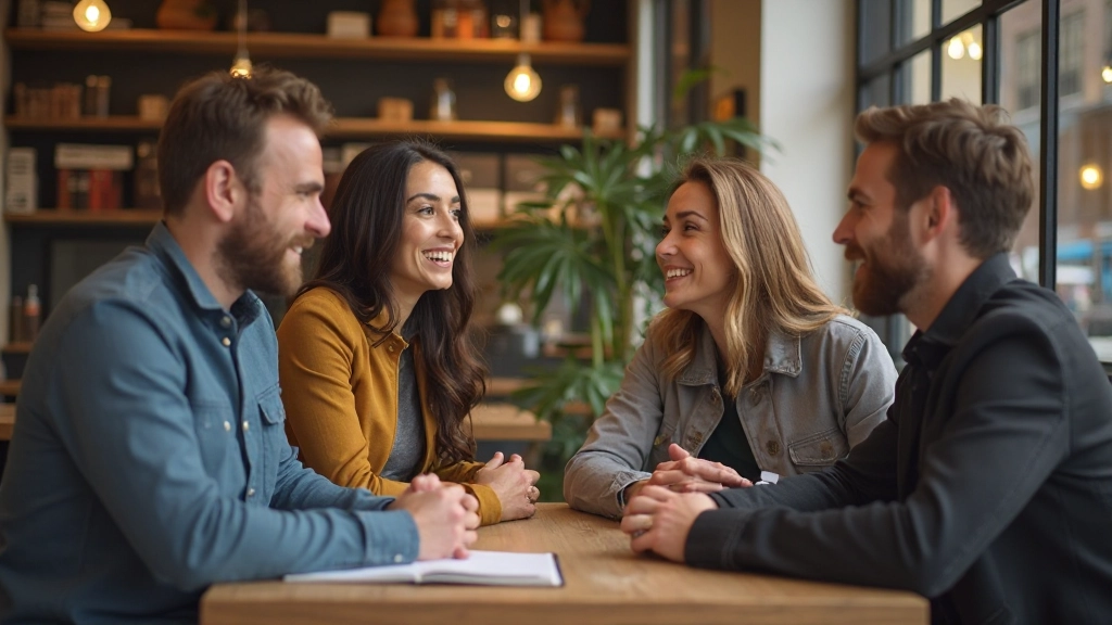 Groep van internationale expats die Nederlands spreken in gezellige Nederlandse setting met kantooren winkelstraat