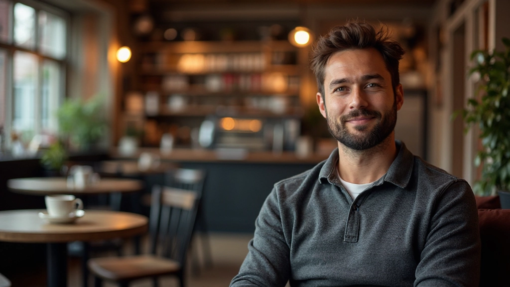 Man van middelbare leeftijd in café, koffie drinkend en met vrienden chattend