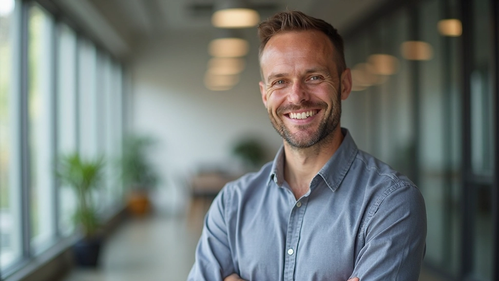Professionele foto van realistische man van 38 jaar, volledig gekleed in casual shirt, portretfoto van borst tot kin, vriendelijke glimlach, in moderne kantooromgeving, natuurlijke verlichting, vervagde achtergrond, GEEN tekst, GEEN watermerken