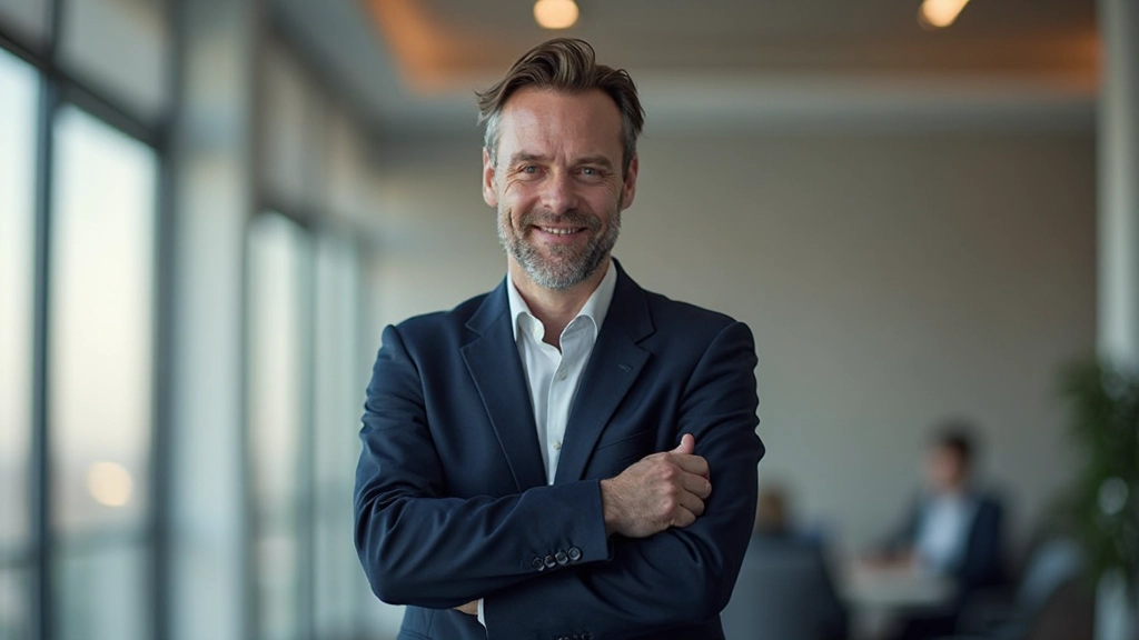 Professionele foto van realistische man van 40 jaar, volledig gekleed in formele zakenkledij, armen over elkaar gevouwen zelfverzekerd, staande in heldere werkplek, zachte verlichting, vervagde achtergrond, GEEN tekst, GEEN watermerken