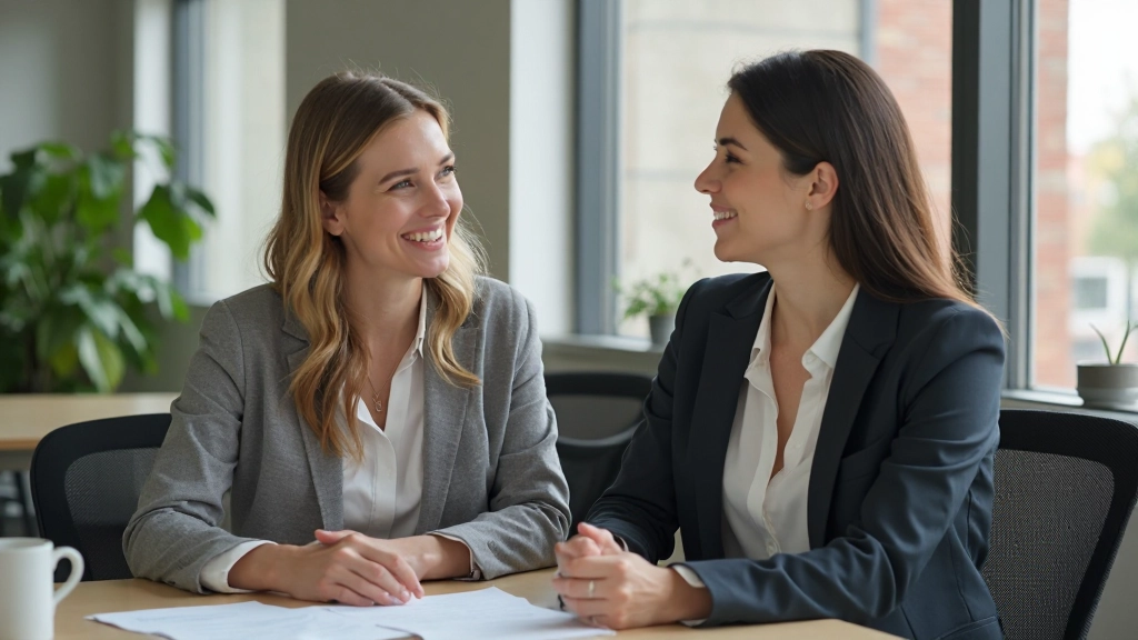 Twee professionele vrouwen in modern kantoor, pratend over een rapport en lachend