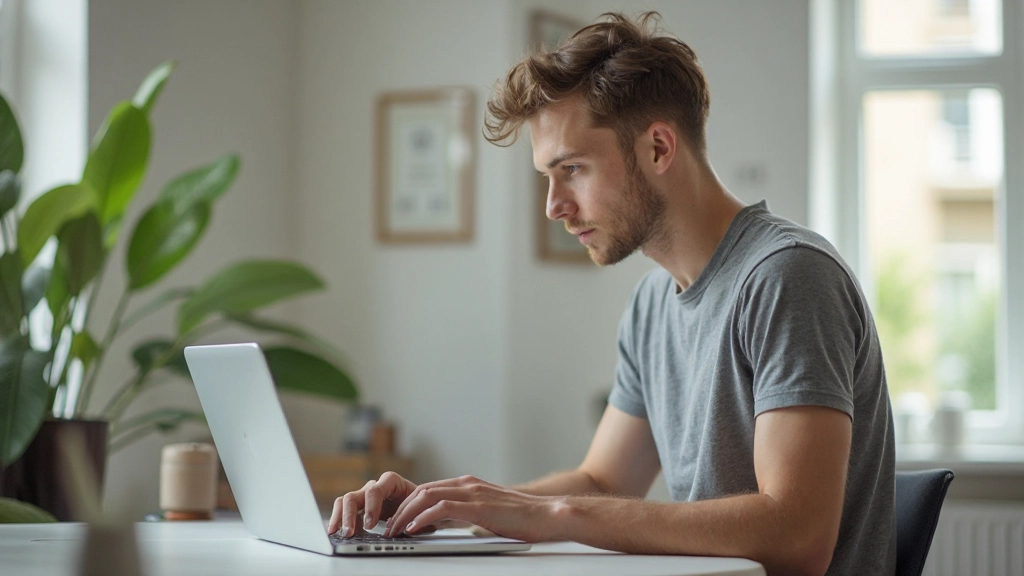 Jongeman op laptop werkend in lichte thuiskantoor, concentreerd op scherm